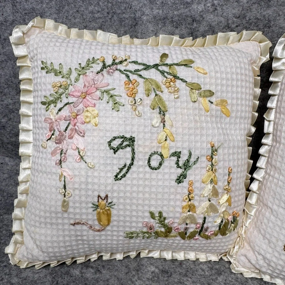Vtg Joy + Peace Pillows Waffle Knit Floral‎ Embroidery 9x9 Satin Trim Stitching